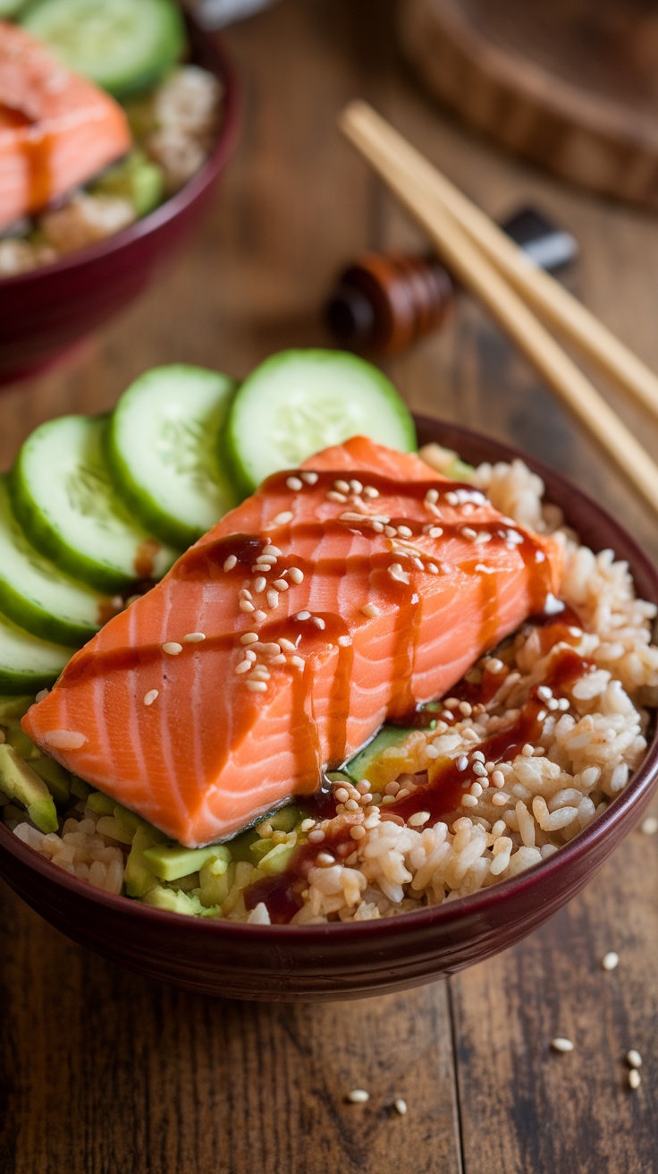 A colorful salmon bowl with rice, salmon, cucumber, avocado, and honey soy sauce on a wooden table.